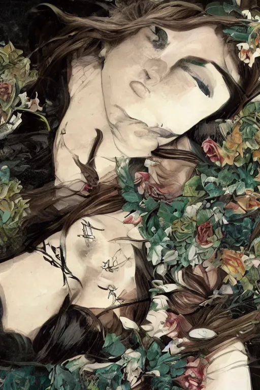 Image similar to closeup face shot of sleeping woman with long hair on a bed surrounded by ivy and flowers, fantasy art, trending on artstation, sleeping beauty fairytale, art by luis royo and walter crane and kay nielsen, watercolor illustration,