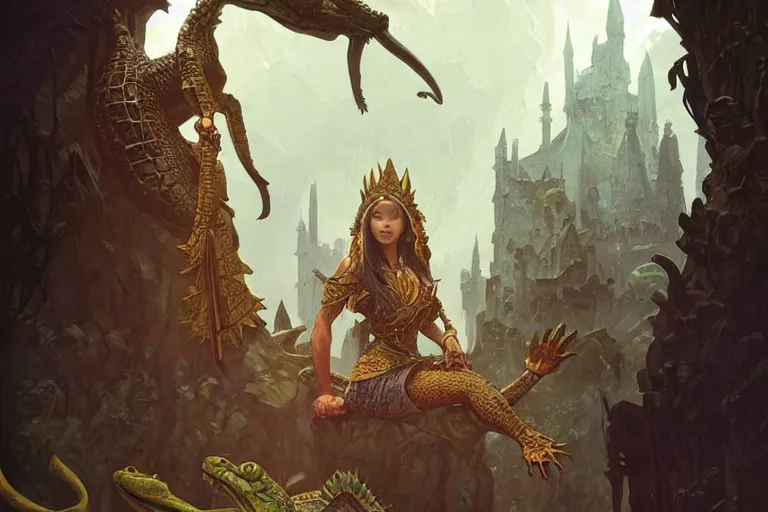 Image similar to crocodile lair priestess ceremony, deep focus, d & d, fantasy, intricate, elegant, highly detailed, digital painting, artstation, concept art, matte, sharp focus, illustration, hearthstone, art by artgerm and greg rutkowski and alphonse mucha