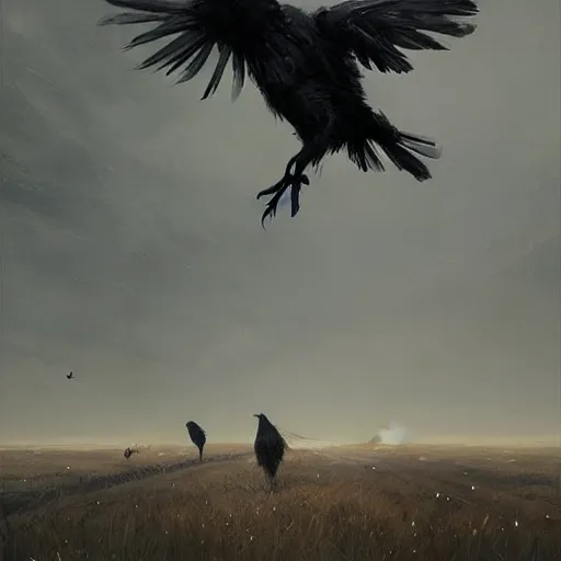 Prompt: A field full of crows, dark sky, art by greg rutkowski, trending on artstation.
