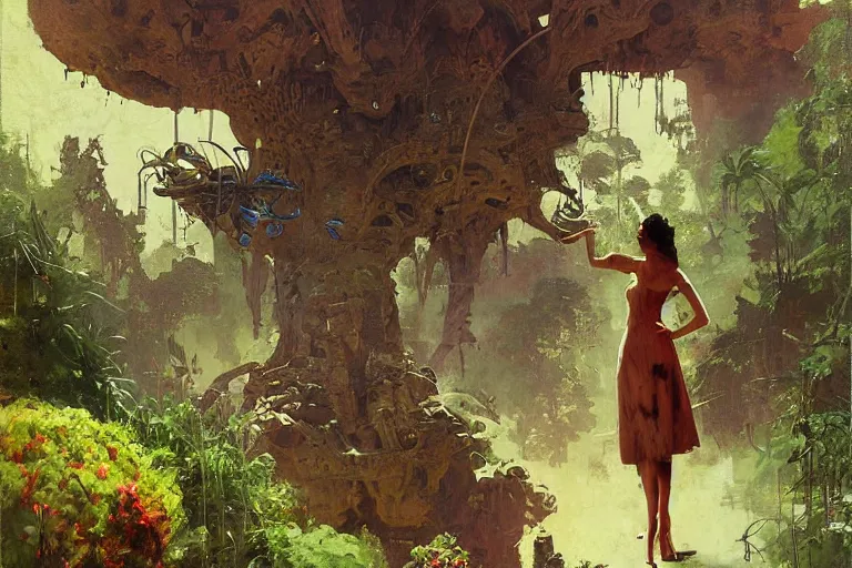 Image similar to pulp scifi illustration, elegant woman meets lizard alien in beautiful garden, flowers, baobab trees, distant town in valley and hills, spacehip lands, by norman rockwell, jack kirby, john berkey, bergey, craig mullins, ruan jia, raymond swanland, jeremy mann, beksinski, tom lovell, alex malveda, schomburg