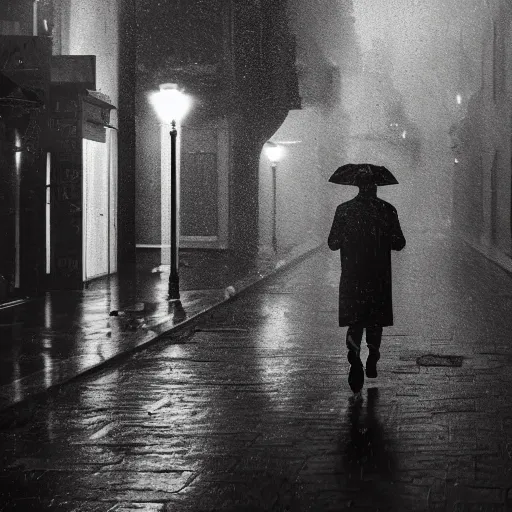 Image similar to A dramatic portrait painting of a man wearing yellow rain coat , walking in a black and white street . Cinematic lighting