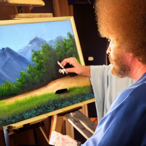 Image similar to a closeup photorealistic photograph of bob ross working on an image of kenny powers autographing a baseball on a canvas. mountains and trees. film still. brightly lit scene. this 4 k hd image is trending on artstation, featured on behance, well - rendered, extra crisp, features intricate detail, epic composition and the style of unreal engine.