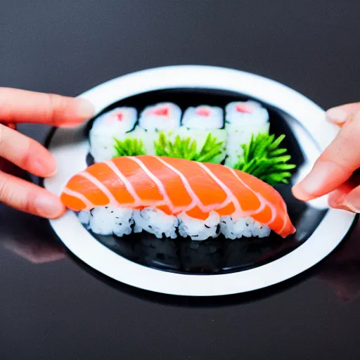 Image similar to a sushi in the shape of a hand, photography 4k, f1.8 anamorphic, bokeh, 4k, Canon, Nikon