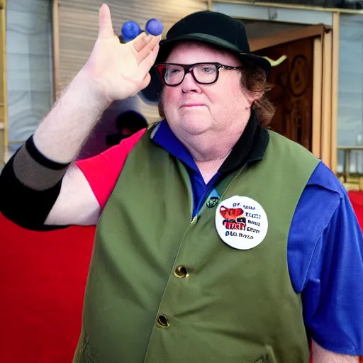 Prompt: Michael moore wearing a mickey mouse hat, tons of disney pins on his vest