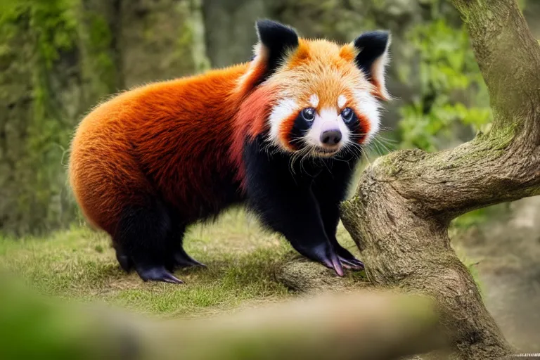 Prompt: a pig red panda!!! hybrid! hyper realistic!! realistic lighting!! wildlife photographer of the year!!! bold natural colors, national geographic, hd, wide angle, 8 k