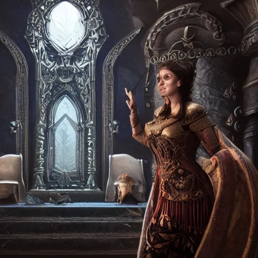 Prompt: the elder scrolls vi, charismatic!!! regal!!! brunette female jarl, portrait, throne room, atmospheric lighting, painted, intricate, volumetric lighting, beautiful, daytime, sunny weather, slight overcast, sharp focus, deep colours, ultra detailed, by leesha hannigan, ross tran, thierry doizon, kai carpenter, ignacio fernandez rios