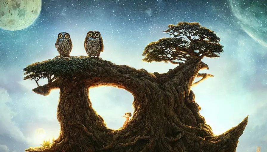 Prompt: very very small owl, sitting on a gigantic dragon tree in moonlit socotra island by ilya kuvshinov, starry night, rtx rendering, octane render 1 2 8 k, maya, extreme high intricate details by tom bagshaw, medium shot, close up shot, composition by sana takeda, lighting by greg rutkowski