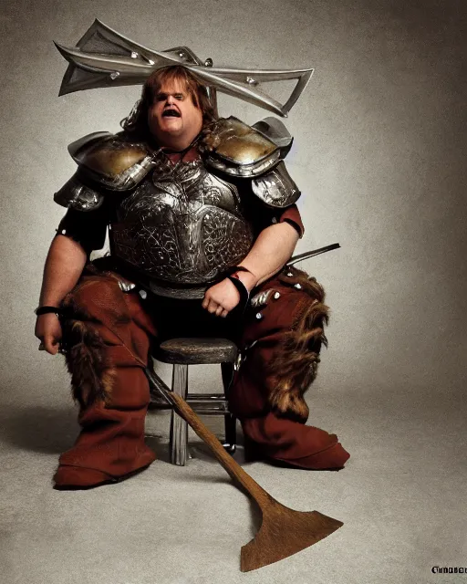 Image similar to chris farley as king conan, directed by john millius, photorealistic, sitting on a metal throne, wearing ancient cimmerian armor, a battle axe to her side, cinematic photoshoot in the style of annie leibovitz, studio lighting