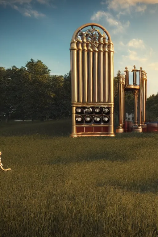 Image similar to a detailed render of an isolated lonely large pipe organ with large golden pipes in the middle of a field, intertwined with a lone stone column, trending on artstation, render, 3 d, octane, 4 k, 8 k, unreal engine, cinema 4 d, baroque, art deco