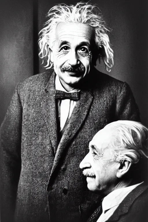 Prompt: photo portrait of albert einstein, head centered portrait, enigmatic, smiling, head in focus, shot with hasselblad, 5 0 mm lens, photography, very soft diffuses lights, by yousuf karsh, film grain