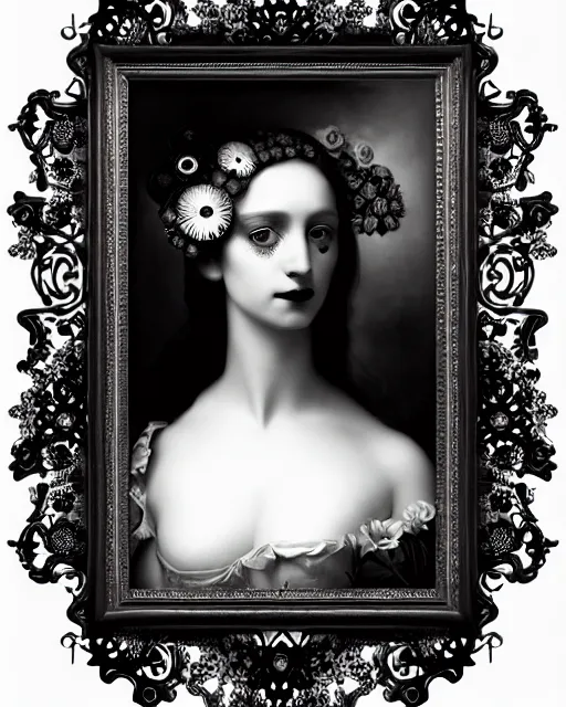 Prompt: black and white masterpiece profile portrait painting with no frame, dutch masters, one steampunk eye silver lace floral biomechanical beautiful young female cyborg, big monocular, volumetric light, hibiscus flowers, by dora maar, rim light, big gothic fashion pearl embroidered collar, 8 k