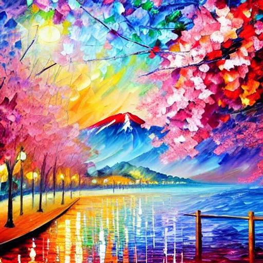 Image similar to beautiful leonid afremov highly detailed pastel watercolor painting of cherry blossoms in spring with mount fuji in the background. pastel colors, featured in art magazine