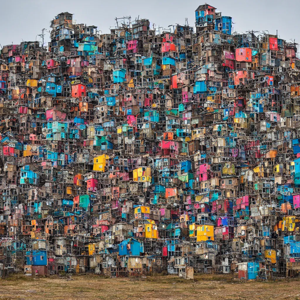 Prompt: a tower made up of colourful makeshift squatter shacks, dystopia, sony a 7 r 3, f 1 1, fully frontal view, photographed by richard avedon, ultra detailed,