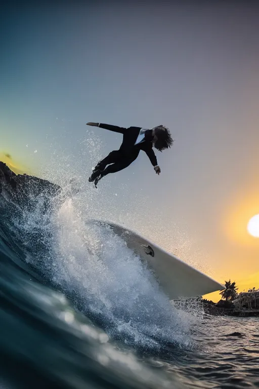 Image similar to white man in black suit surfs in office, sunset, aurora, dslr, insane details, flying dolphins, hyper reallistic, 8 k,, ultra clear detail, hdr, textured, award winning, professional photography