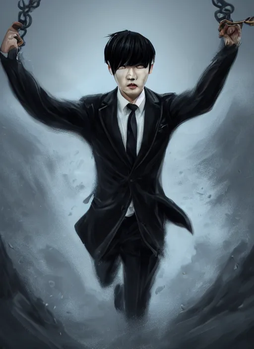 Image similar to a highly detailed illustration of fierce korean man with bowl cut black hair wearing suit and tie with giant black claws, wielding giant black fog claws pose, foggy lovecraftian black mist surrounding background, perfect face, intricate, elegant, highly detailed, centered, digital painting, artstation, concept art, smooth, sharp focus, league of legends concept art, wlop.