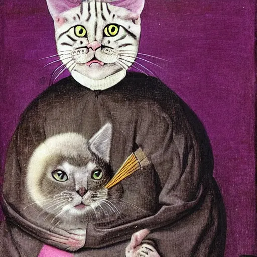 Prompt: stunning portrait of the cat of cheshire bosch with pink and purple stripes and a sadistic smile by hieronymus bosch