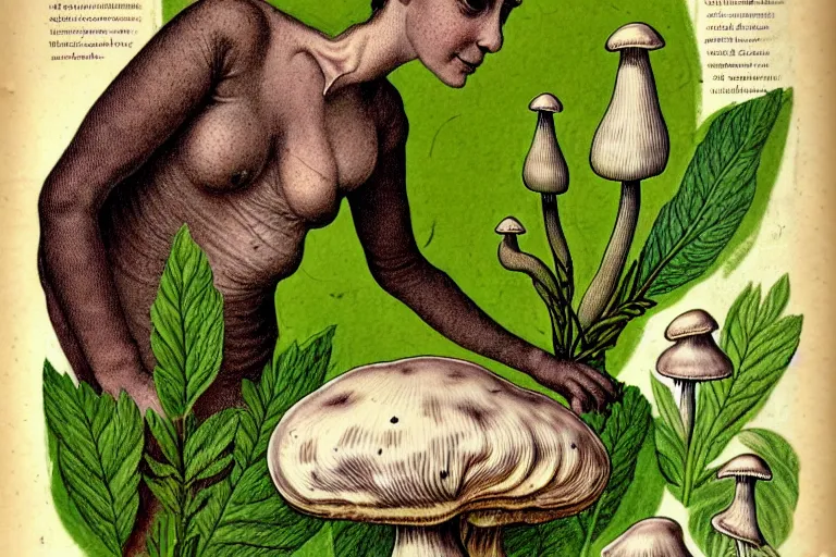 Image similar to a page from an old botany book of a woman with mushrooms sprouting all over her skin who looks distressed. in the style of franz kafka the metamorphosis. trending on artstation.