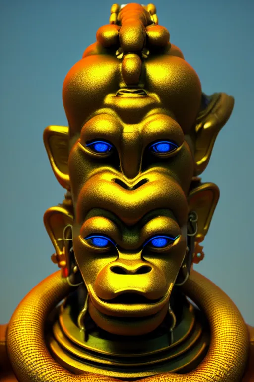Prompt: high quality 3 d render hyperrealistic cyberpunk hanuman head building, neon yellow madhubani, highly detailed, in sci - fi mumbai, unreal engine cinematic smooth, liam wong, moody light, low angle, uhd 8 k, sharp focus