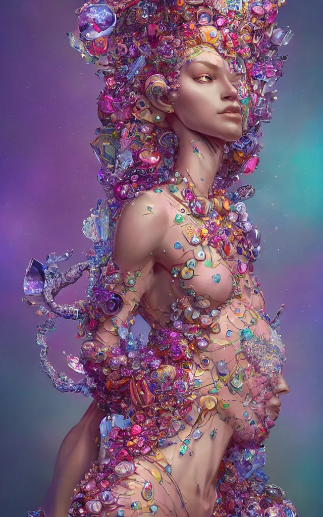 Prompt: a stunning rendition of full-body female sculpture made of fractal gems, fractal crystals, very intricate, hyper realistic, octane render, very colorful, vibrant, cinematic, amazing details, by james jean, by brian froud, by ross tran