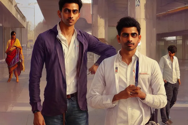 Prompt: Anxious good looking pale young Indian doctors wearing jeans and shirts at the airport, portrait, elegant, intricate, digital painting, artstation, concept art, smooth, sharp focus, illustration, art by artgerm and greg rutkowski and alphonse mucha