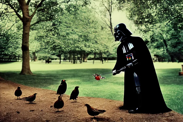 Image similar to a photograph of Darth Vader feeding the birds in a park, cinematic lighting, 35mm, morning light, national geographic, fuji velvia, highly detailed, 8k,