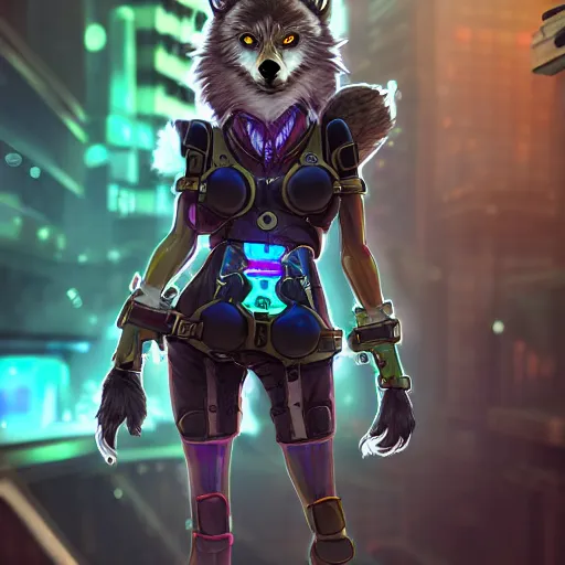 Prompt: anthropomorphic female wolf fursona wearing a tech harness in a cyberpunk city, photo realistic, league of legends art style, ambient lighting