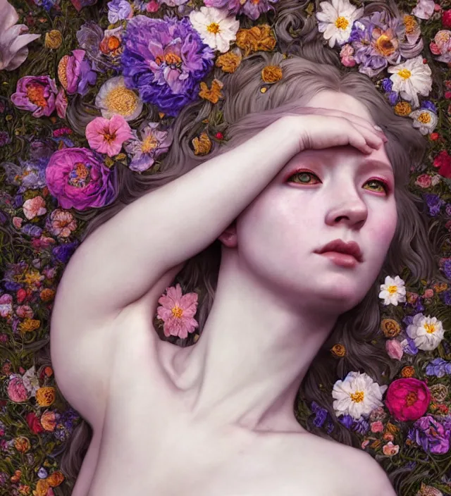 Image similar to baroque portrait of a icelandic princess of porceline skin, full body floral tattoos lying down in a river made of thousand of flowers, cinematic lighting, photorealistic, octane render, 8 k, depth of field, art by artgerm and greg rutkowski and alphonse mucha and uang guangjian