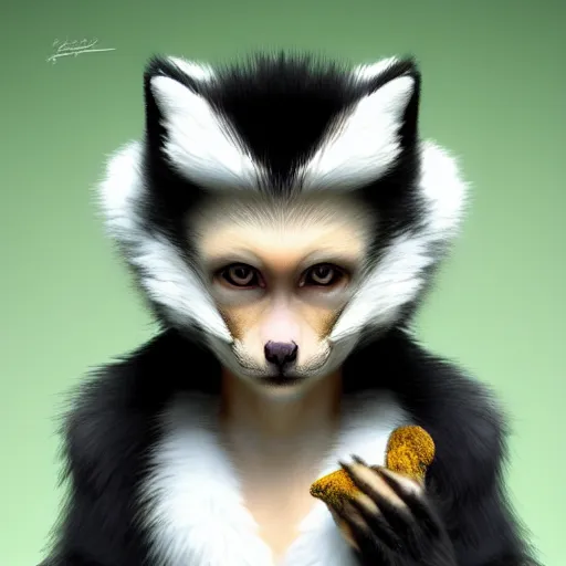 Image similar to fox as a monkey, fluffy white - fur, black - ears, stunning green - eyes, extremely long white - tail with black - tip, award winning creature portrait photography, extremely detailed, artstation, 8 k, sensual lighting, incredible art, wlop, artgerm