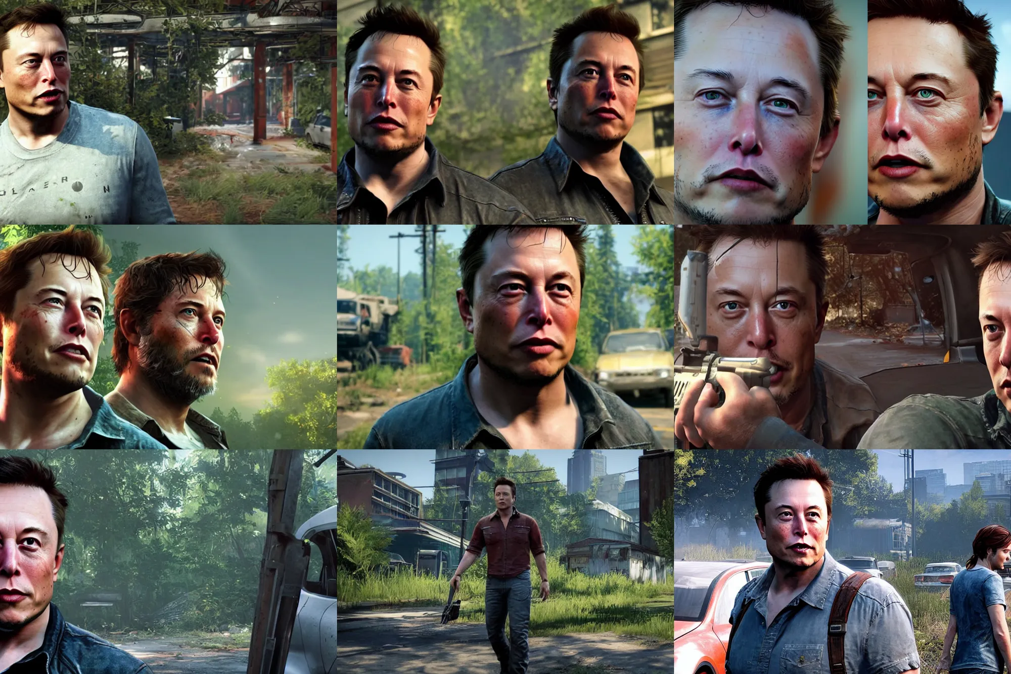 Prompt: a screenshot of elon musk in the video game the last of us. 3 d rendering. unreal engine. amazing likeness. very detailed. cartoon caricature.