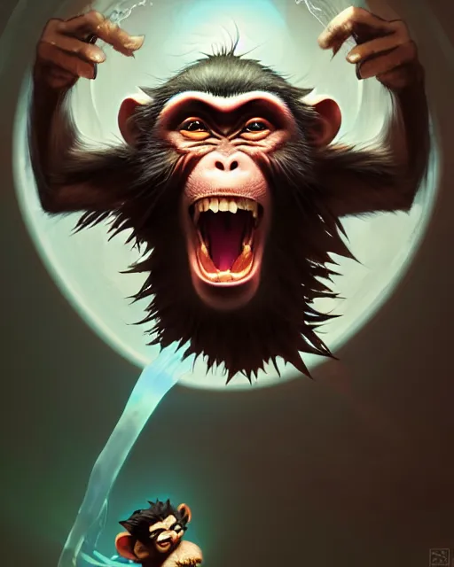 Image similar to Monkey Mad Scientist, laughing, D&D, artstation, fantasy, magic the gathering artwork, cinematic lighting, centered, symmetrical, highly detailed, digital painting, , concept art, smooth, sharp focus, illustration, volumetric lighting, epic Composition, 8k, art by Akihiko Yoshida and Greg Rutkowski and Craig Mullins, oil painting, cgsociety