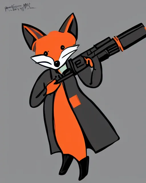 Image similar to a fox wearing a black trench - coat holding a mini - gun, comic art style, digital art,