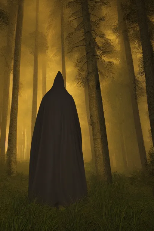 Prompt: a lone mysterious hooded figure in a forest clearing at twilight| richly embroidered velvet cloaks| tall trees| dramatic atmospheric lighting | Evelyn De Morgan and Maxfield Parrish |featured on Artstation |unreal engine