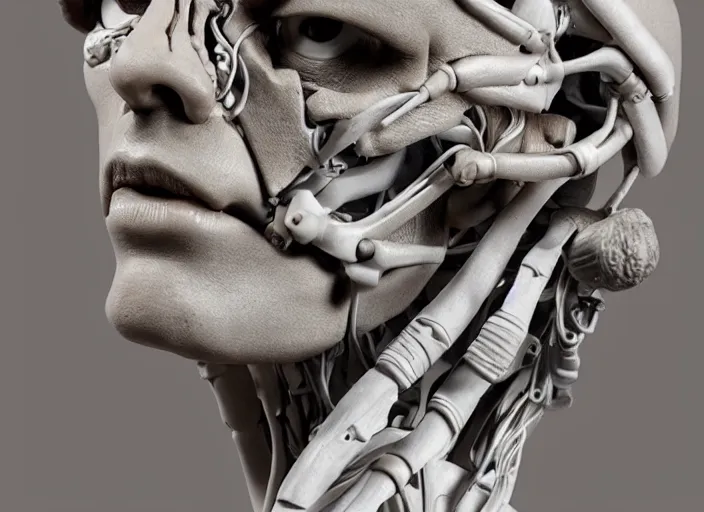 Image similar to a bust sculpture of anatomical cyborg, ,detailed face, ceramic base, studio lighting