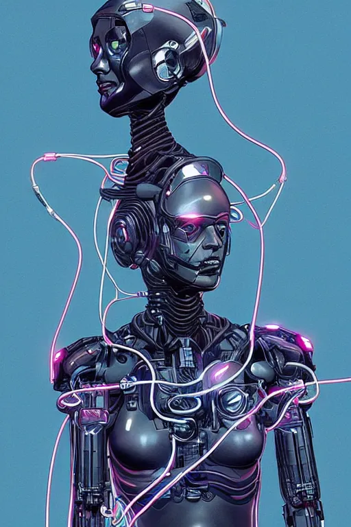 Image similar to A beautiful woman wearing a cybernetic helmet with many wires plugged into is and in her body by Moebius and Beeple