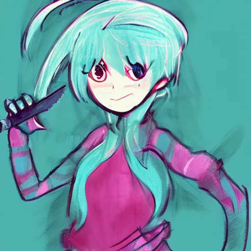 Prompt: concept art of a girl with teal, messy hair that has knives instead of hands, character design, by ross draws, anime style