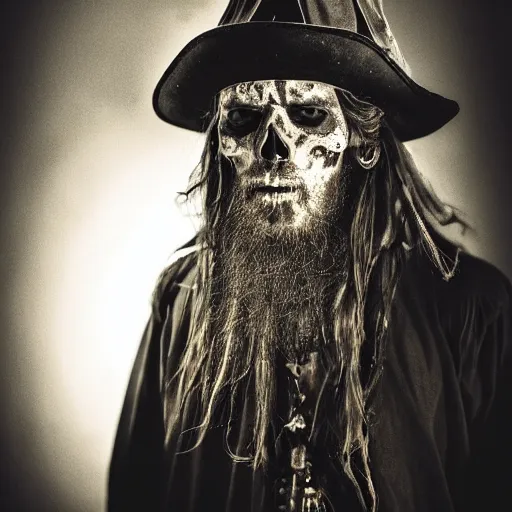 Prompt: masterpiece portrait photo a dirty skull masked hunched old slim pirate lord with a black hat, long beard, long hair, black coat, ragged and torn, wooden inn by torchlight, dslr, cinematic, photography, sigma lens 7 0 mm