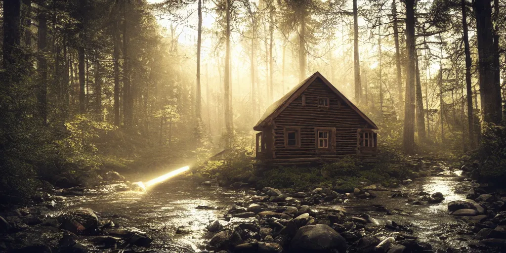 Prompt: cabin in the woods with small babbling creek, lost place photo, sunrays, mystic, mist, volumetric lights, wilderness, dirt, dramatic, cinematic, 8K, award winning photo