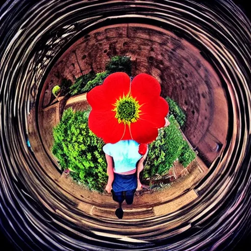 Image similar to a flower / human hybrid, fisheye photo