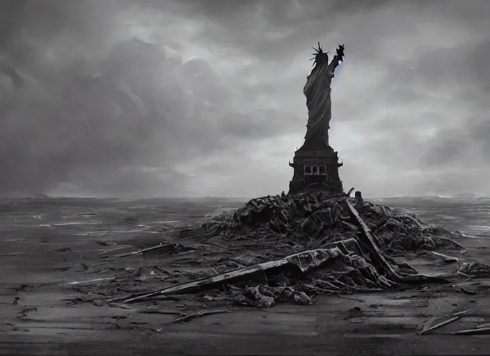 Image similar to a Photorealistic dramatic hyperrealistic render of a ruined destroyed decayed statue of liberty on a desolate beach in a post-apocalyptic world, futuristic nuclear apocalyptic planet of the apes vibe, by WLOP and Artgerm and Greg Rutkowski and Alphonse Mucha, Beautiful dynamic dramatic dark moody lighting, shadows, cinematic atmosphere, Artstation, concept design art, Octane render, 8K, masterpiece