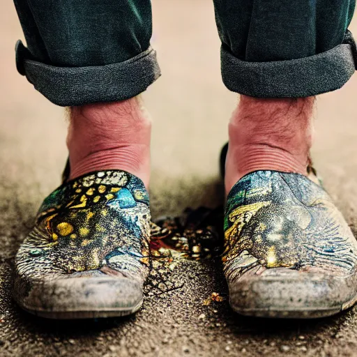 Image similar to ultra detailed photo, man wearing fish on his feet