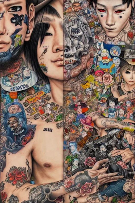 Prompt: full view, from a distance, of cowboys with tattoos, style of yoshii chie and hikari shimoda, highly detailed