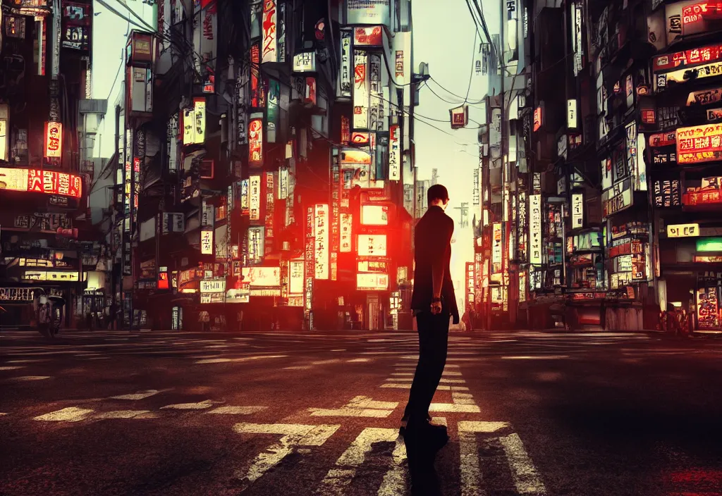 Image similar to tokyo city streets by cyberpunk style max payne standing in blood trending on artstation cinematic realistic buildings windows cars realistic peoples golden ratio awesome composition color balance harmony physical correct light shadows