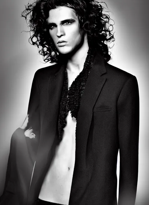 Prompt: a male model in black designer clothes ; long curly hair ; high fashion ; editorial look ; unreal engine