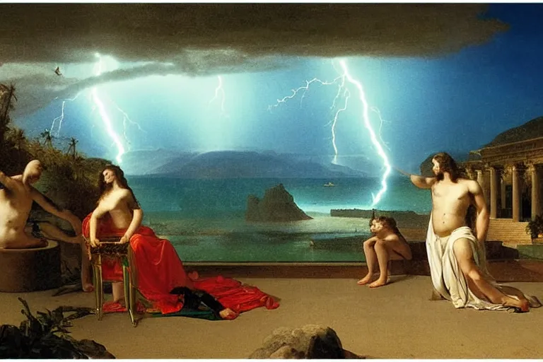 Image similar to From inside of the palace, refracted lightnings on the ocean, thunderstorm, greek pool, beach and Tropical vegetation on the background major arcana sky and occult symbols, by paul delaroche, hyperrealistic 4k uhd, award-winning, very detailed paradise