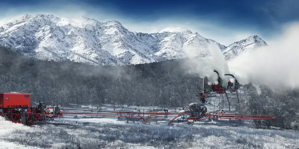 Image similar to snowmaking machine, snowy mountains at background, realistic, 8 k