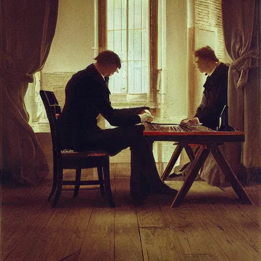 Prompt: Several people are typing by james gurney and Caspar David Friedrich