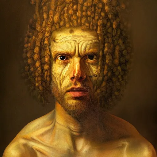 Prompt: portrait of a lizard man looking at the viewer, classical painting, in the style of rembrandt and lucian freud, photorealistic lighting, hd, high quality, high detail