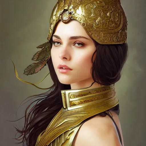 Image similar to an attractive young female wearing an ornate metallic helmet, holly pears, olive skin, long dark hair, beautiful bone structure, intricate, elegant, highly detailed, digital painting, artstation, concept art, smooth, sharp focus, illustration, art by artgerm and greg rutkowski and alphonse mucha