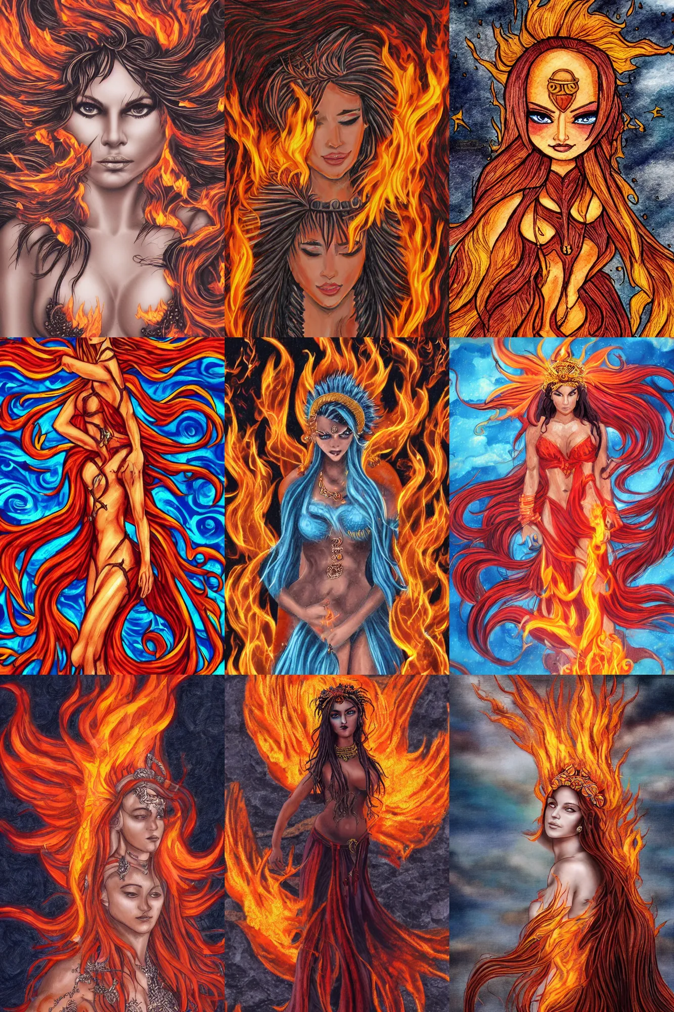 Prompt: very very very very highly detailed beautiful fire goddess, stormy background, micro detail
