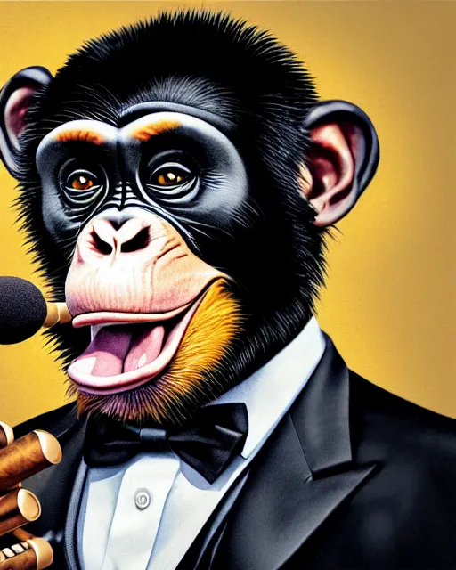 Image similar to a portrait of an anthropomorphic rockstar chimp in a tux singing into a microphone, smoking a cigar by sandra chevrier, by jon foster, detailed render, tape deck, epic composition, cybernetics, 4 k realistic, cryengine, realistic shaded lighting, sharp focus, masterpiece, by enki bilal